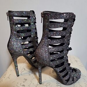 Steve Madden Womens Fever Sparkle Booties Laced Open Toe Heels Size 9